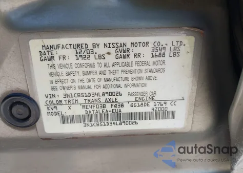 2004 Nissan Sentra 1.8S z USA, uszkodzony, nr VIN 3N1CB51D34L890026